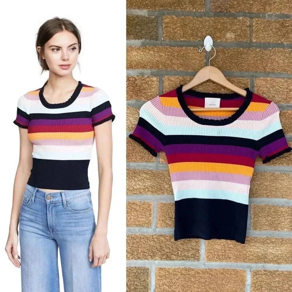 CINQ À SEPT Nicolette Stripe Ribbed Top In Rainbow
